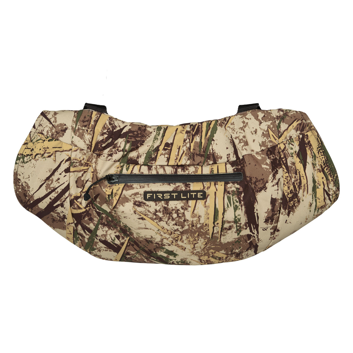 Brown and tan camouflage hand muff with a central zippered pocket displaying the "FIRST LITE" logo.