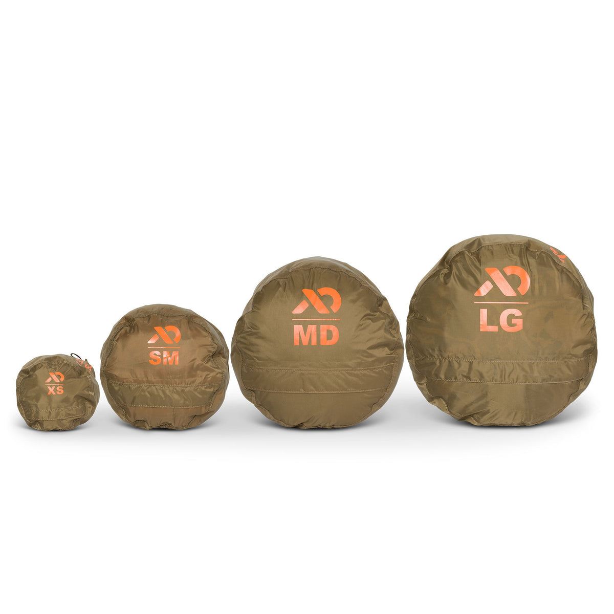 Four olive-brown stuff sacks in sizes XS, SM, MD, and LG, each featuring an orange logo and size label.