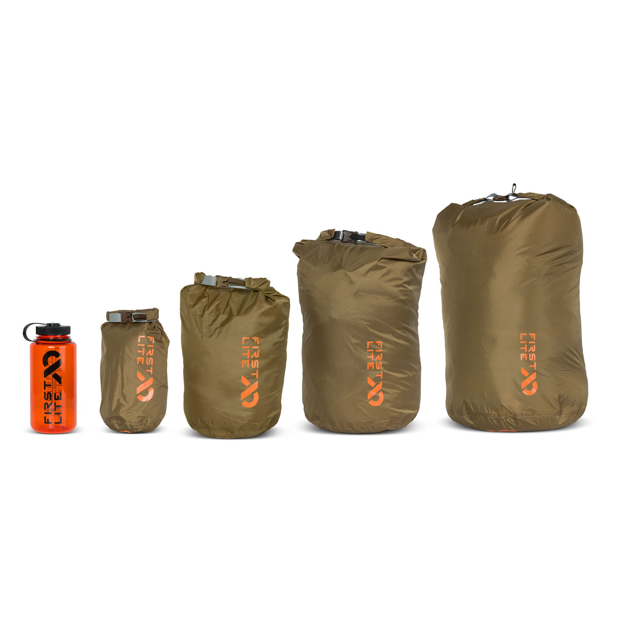 A set of five First Lite items: an orange water bottle and four olive dry bags of increasing size, all with orange logos and roll-top buckle closures.