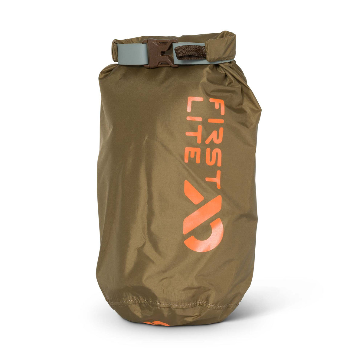 Coyote brown roll-top dry bag with a light gray buckle and orange FIRST LITE logo.
