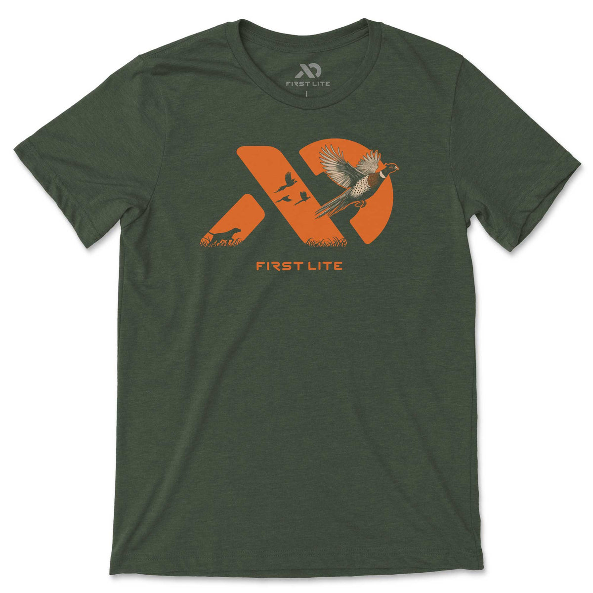 Dark green t-shirt featuring an orange graphic with a hunting dog, three flying birds, and a flying pheasant, plus "FIRST LITE" branding.