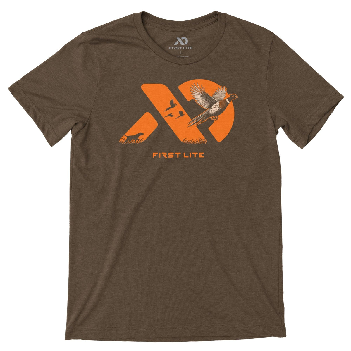 Brown t-shirt featuring an orange graphic with a hunting dog, three flying birds, and a flying pheasant, plus "FIRST LITE" branding