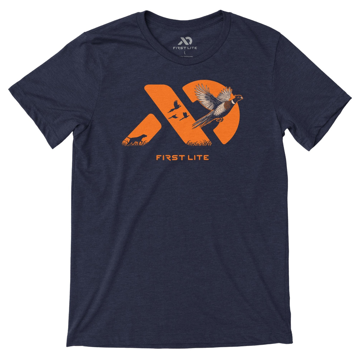 Navy t-shirt featuring an orange graphic with a hunting dog, three flying birds, and a flying pheasant, plus "FIRST LITE" branding
