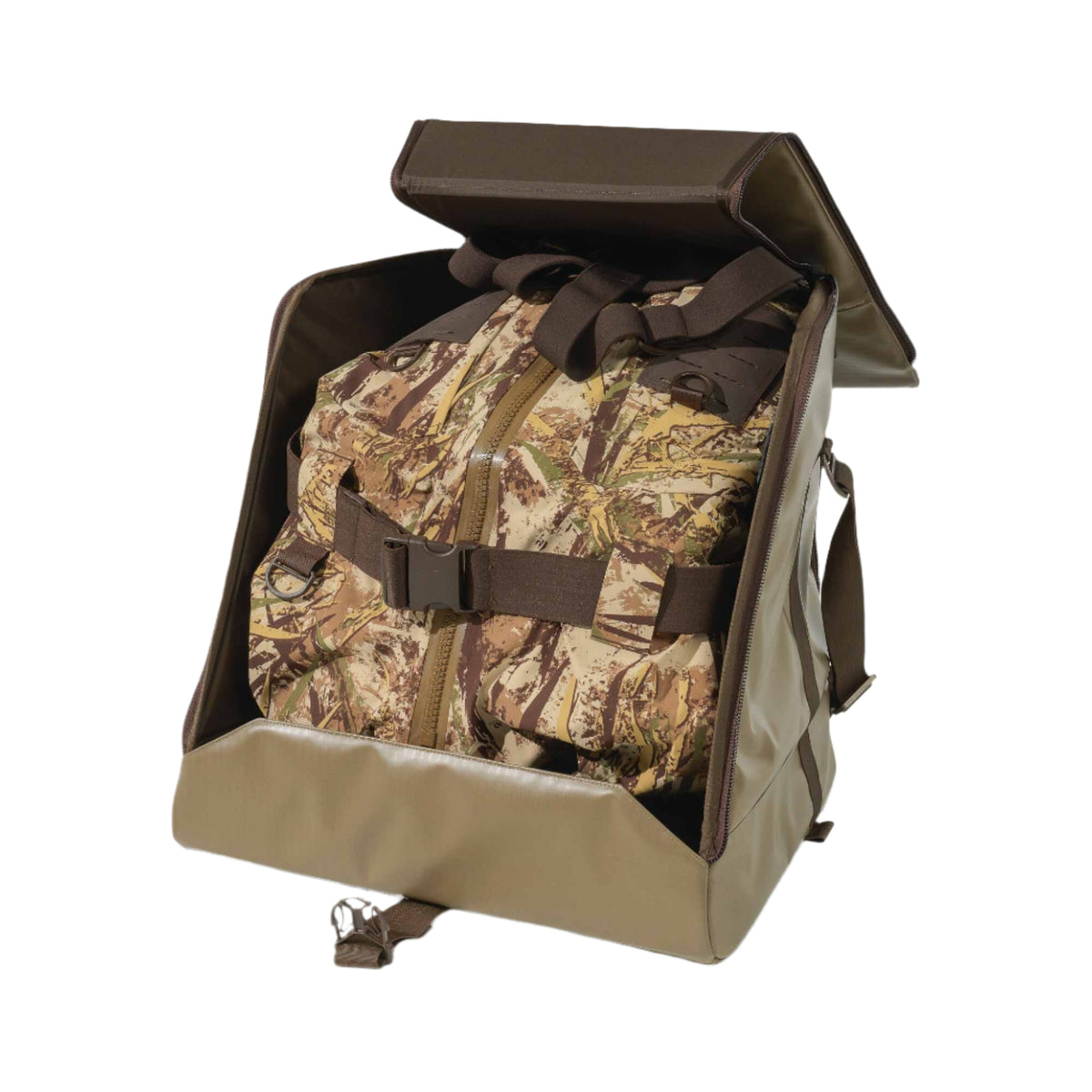 Open walnut and dark brown wader bag showing a camouflage item secured inside with a brown strap and buckle.