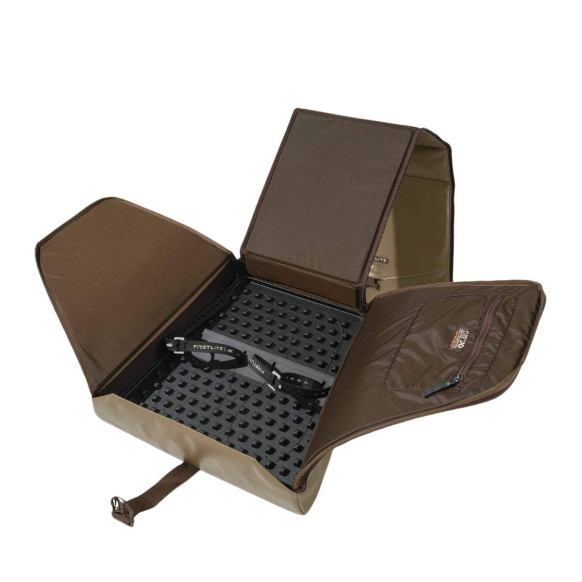 Open walnut soft-sided gear bag revealing a black textured interior base with two Firstlite branded straps and a zippered outer pocket.