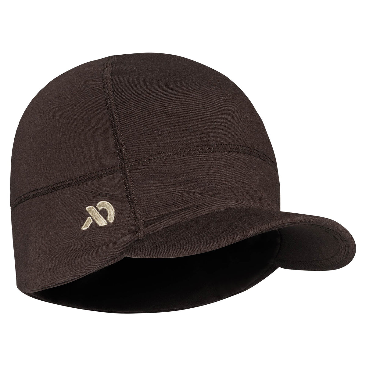Dark brown skull cap with a short brim, extended sides, visible flatlock seams, and a tan embroidered logo.