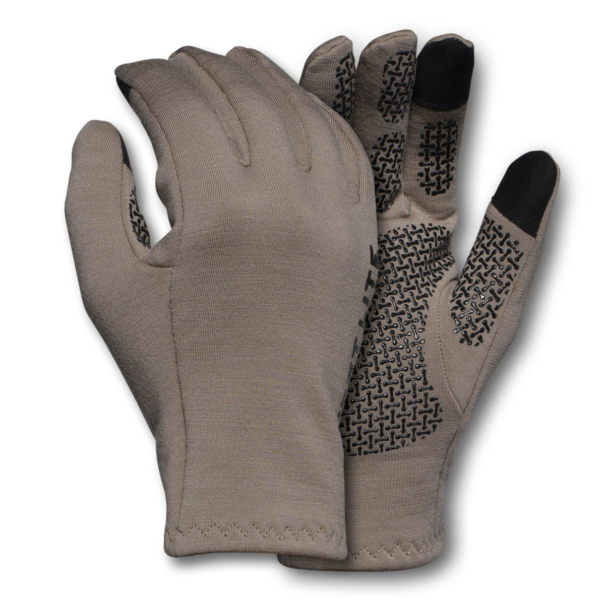 Pair of taupe gloves with black textured palm grip and touchscreen-compatible thumb and index fingertips.