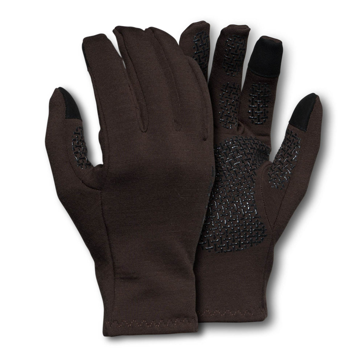 A pair of dark brown gloves with black textured non-slip grips on the palms and touchscreen-compatible fingertips.