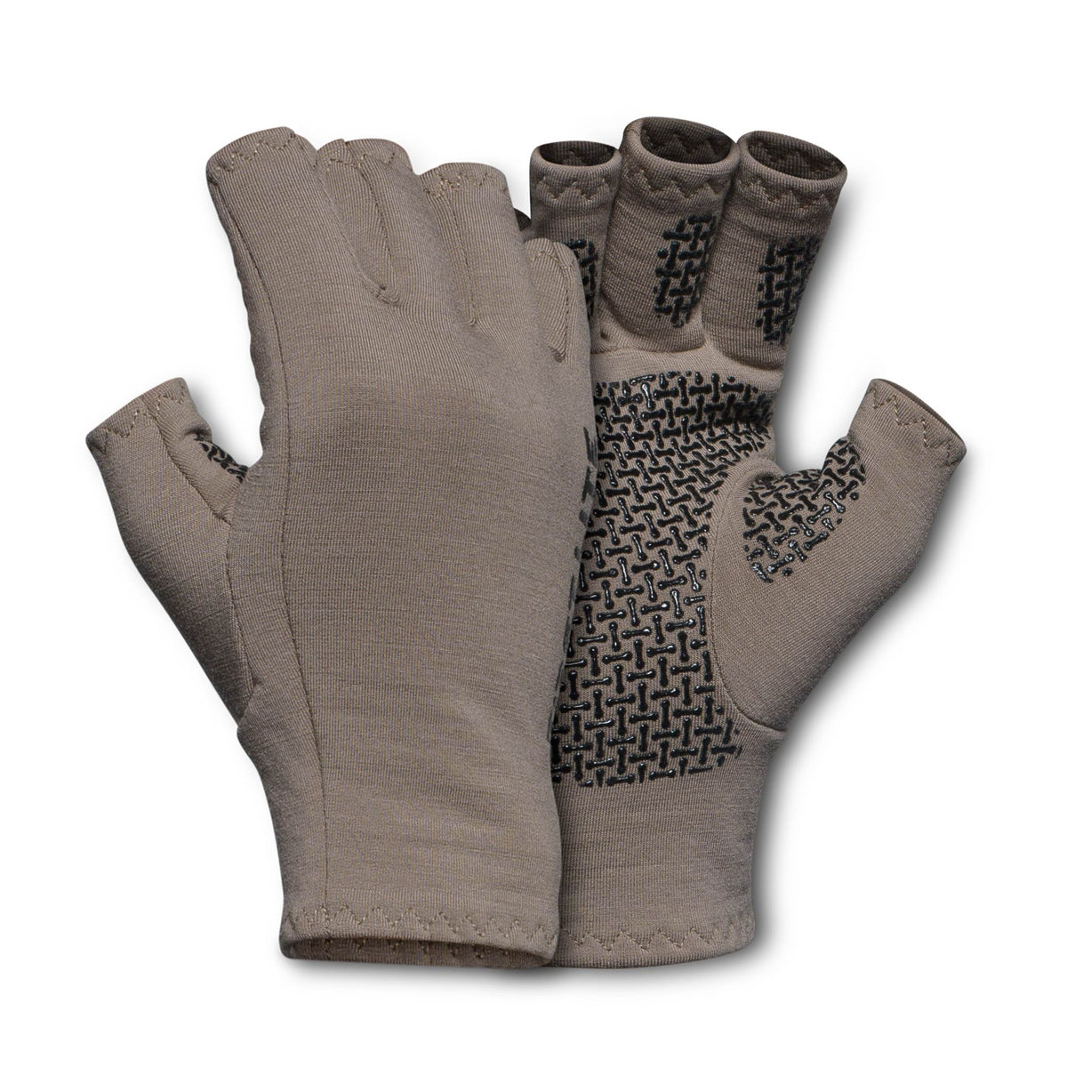 Taupe fingerless gloves with a black geometric non-slip grip pattern on the palms.