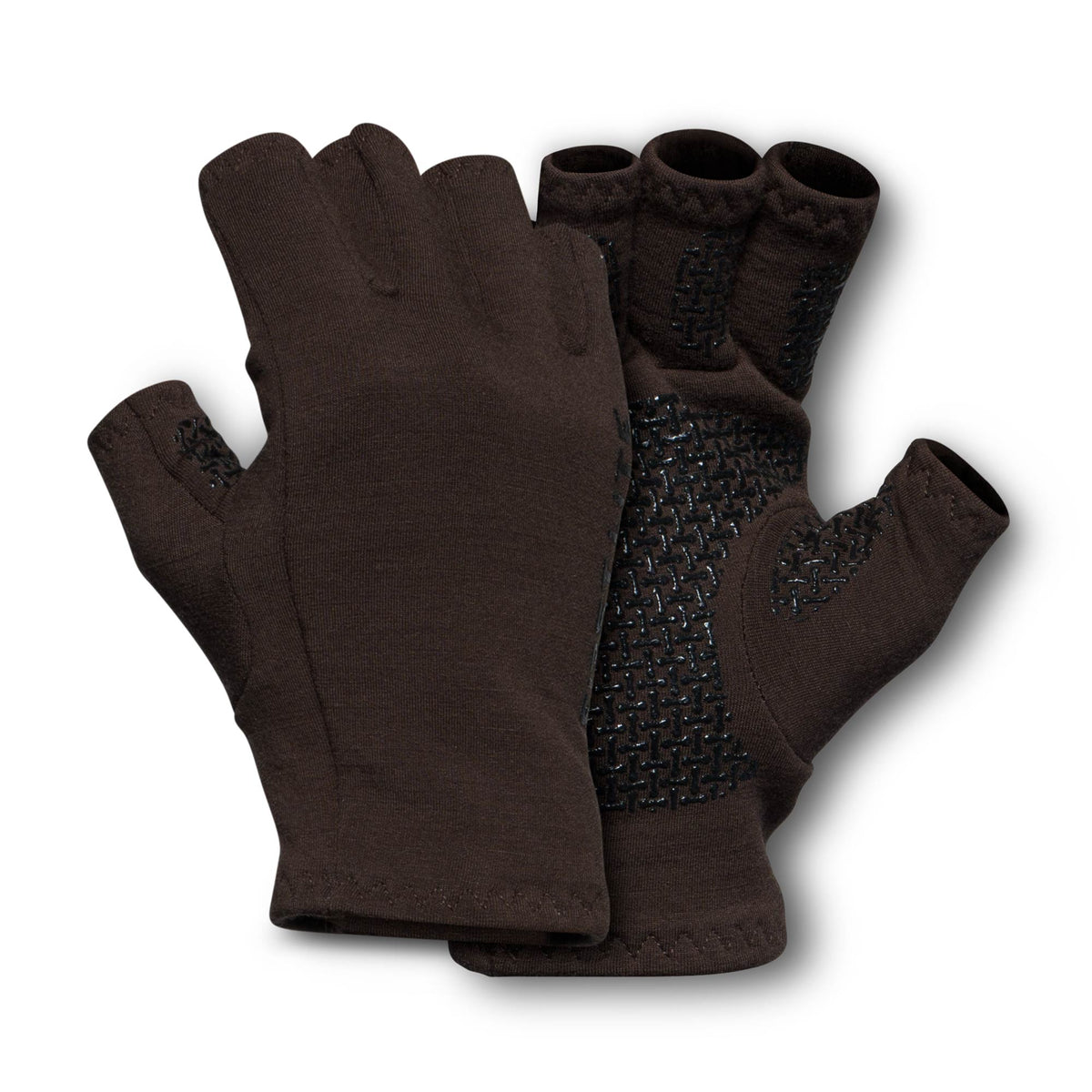Dark brown fingerless gloves with black grid-patterned anti-slip grips on the palms.