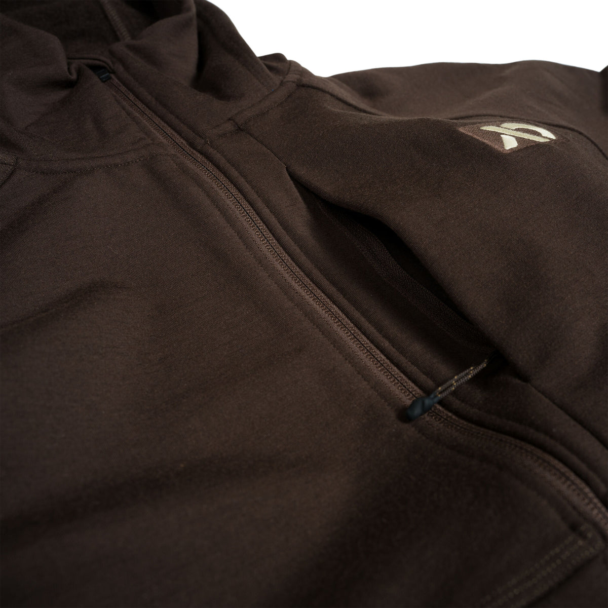 Dark brown full-zip hoodie with a zippered side pocket and a light embroidered logo.