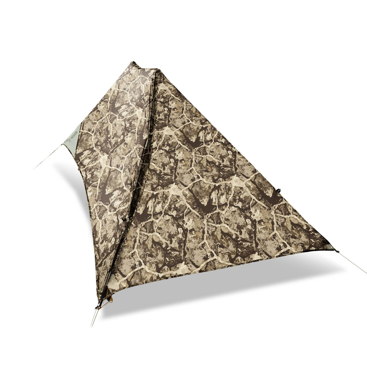 Brown and tan camouflage pyramid tent with a cracked earth pattern and visible guide lines.