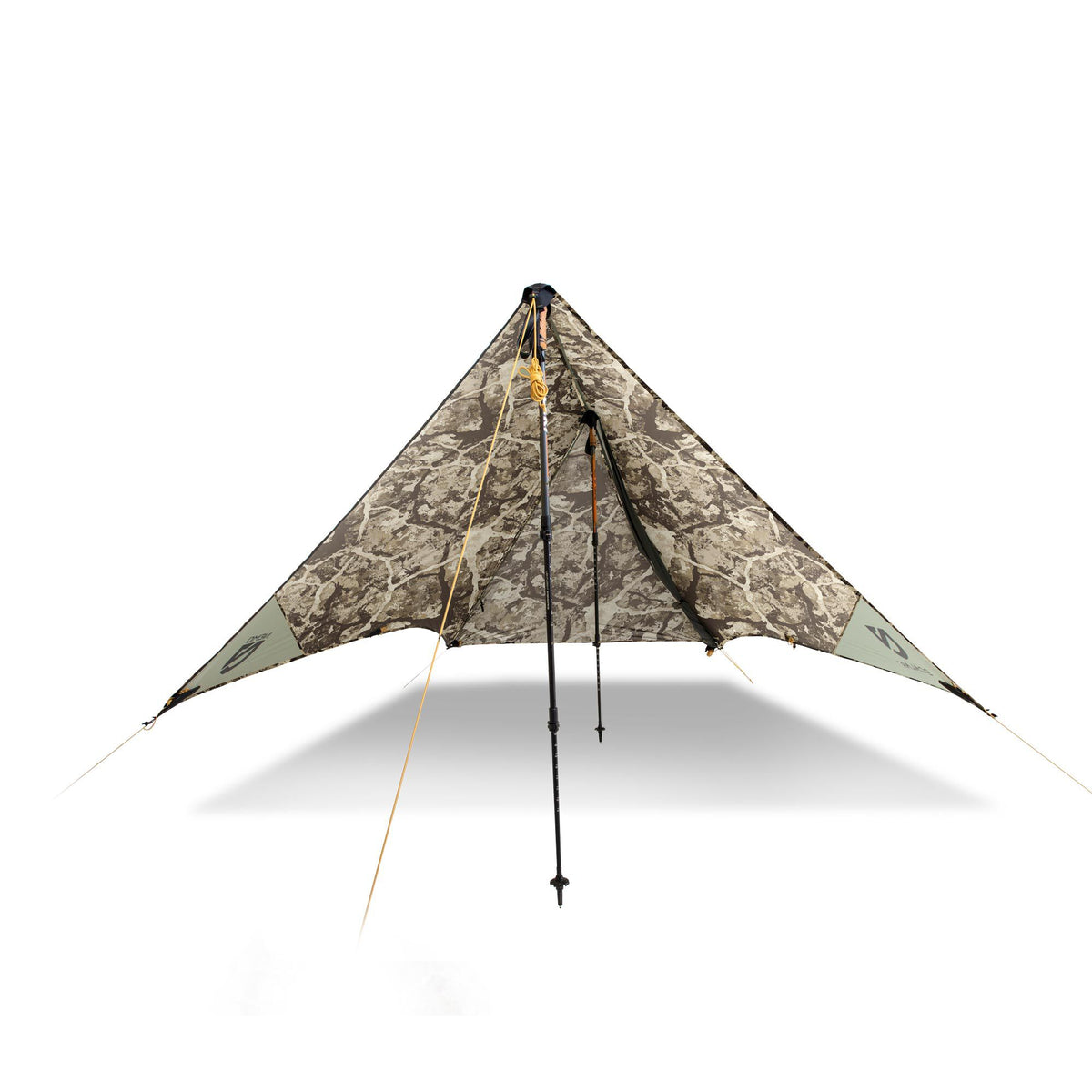 Brown and tan camouflage pyramid tent pitched with two trekking poles and visible orange guide lines.