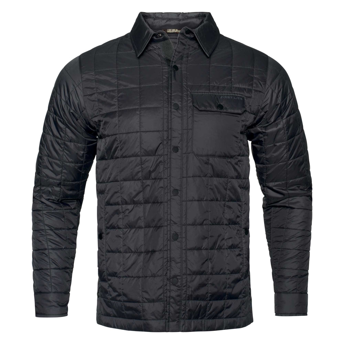 Black quilted jacket with a collar, button front, and a chest pocket featuring the 'FIRST LITE' logo.