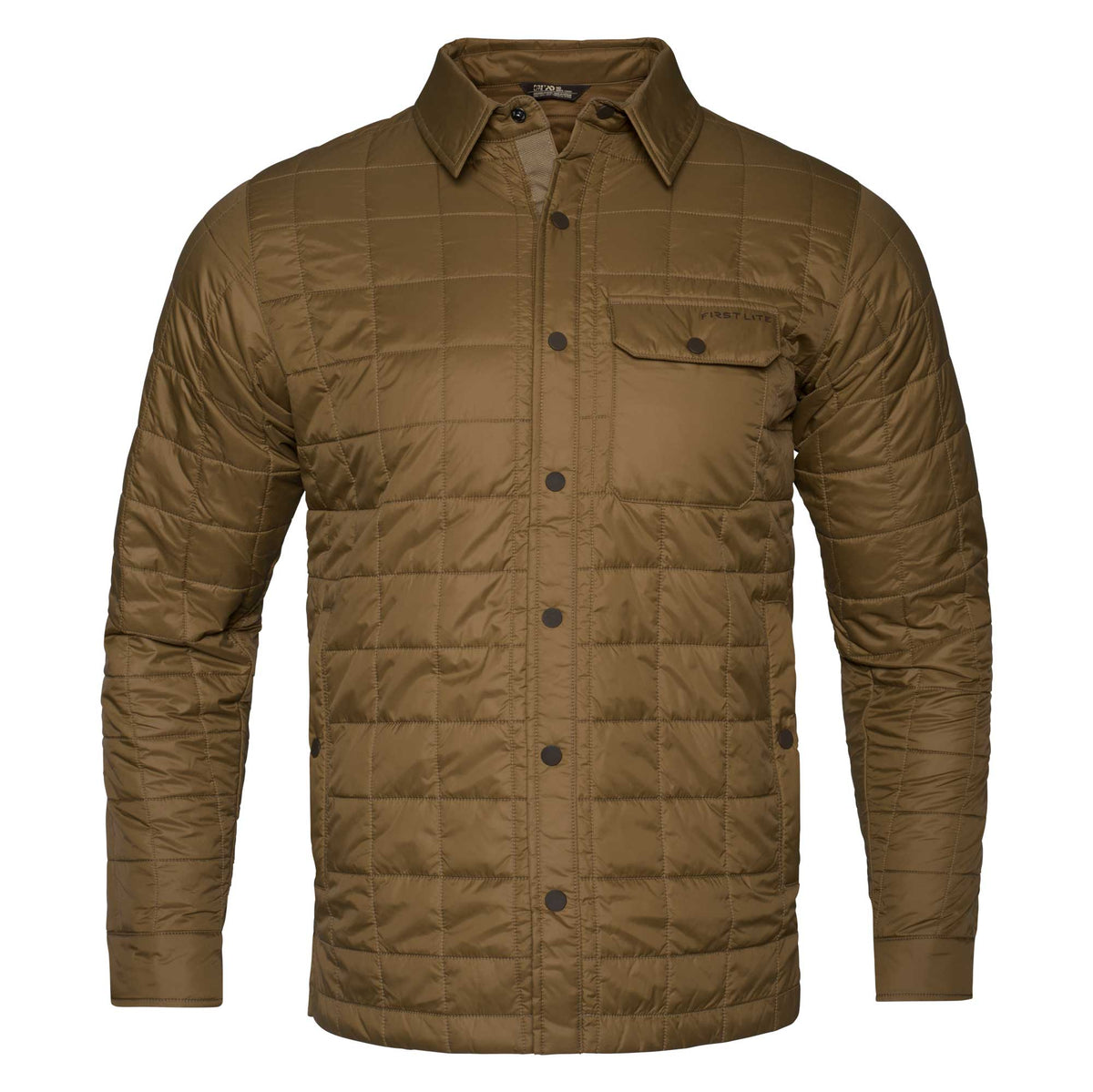 Tan quilted button-down jacket with a collar and a chest pocket featuring the 'FIRST LITE' logo.