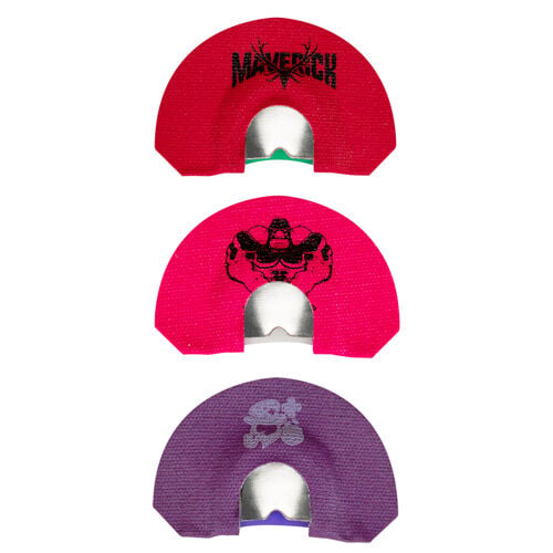 Three semi-circular diaphragm calls in red, hot pink, and purple, each with a metallic frame and unique graphics: "Maverick" antlers, a gorilla, and a stylized pig.