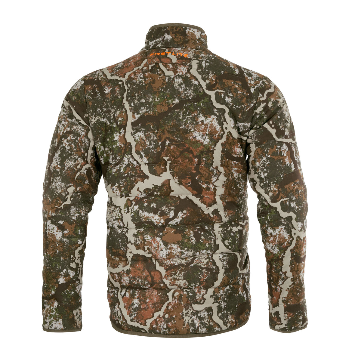 Back view of a First Lite Fusion camouflage insulated jacket featuring brown, green, and light grey patterns, with an orange "FIRST LITE" logo on the back collar.