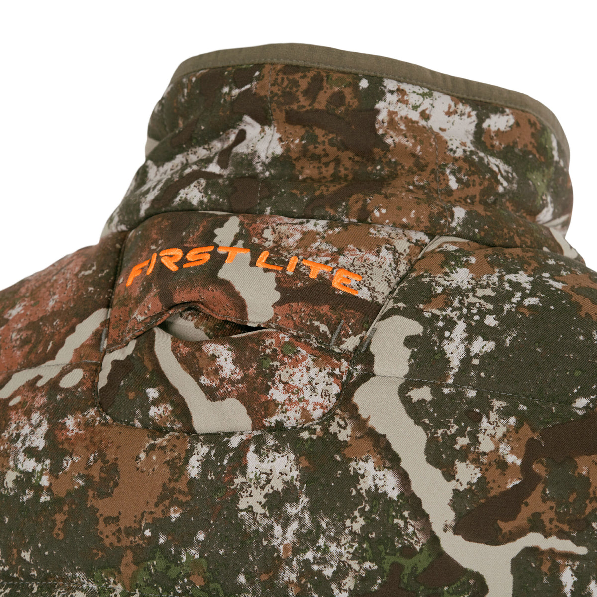 Camouflage hunting jacket with an orange 'FIRST LITE' logo embroidered on the upper back.