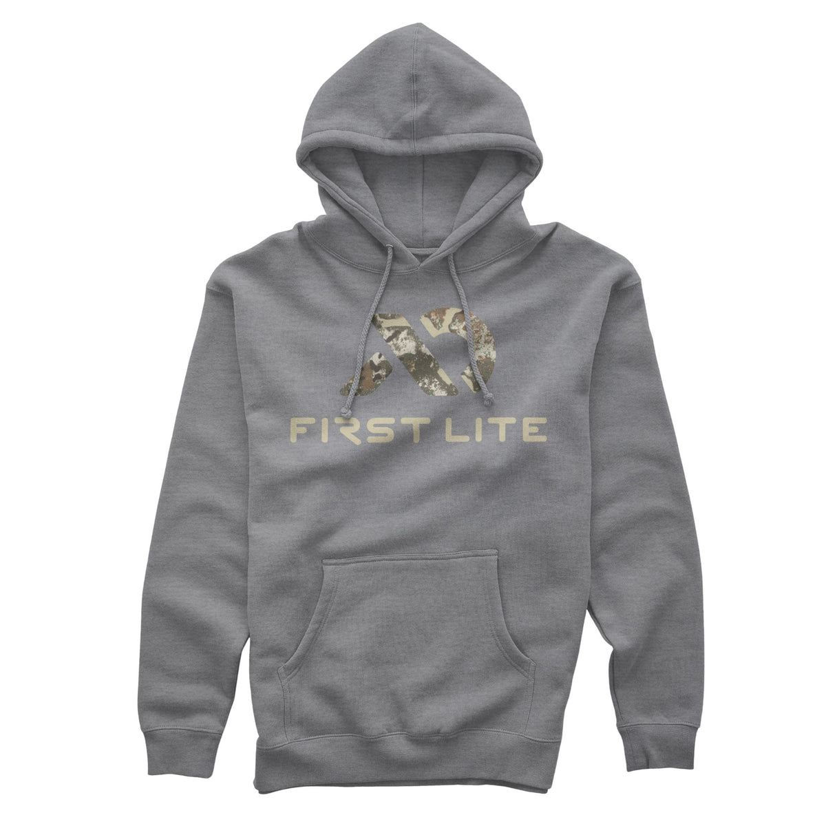 Grey hoodie featuring a camouflage stylized 'FL' logo above 'FIRST LITE' text on the chest.