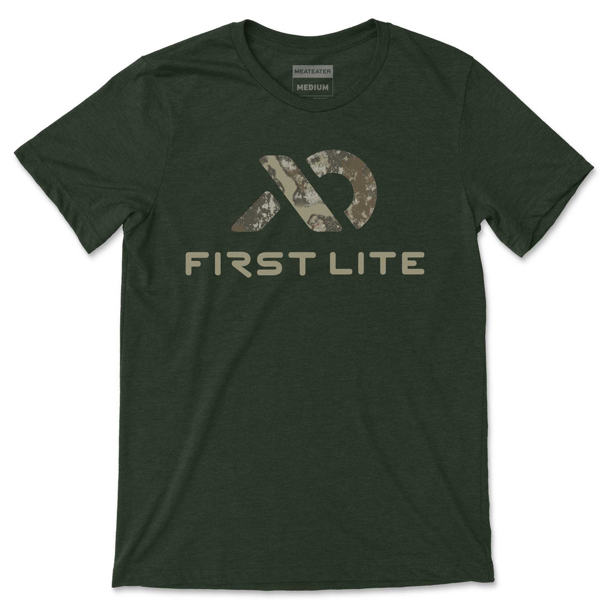Dark green t-shirt with an abstract camouflage logo, "FIRST LITE" text, and a "MEATEATER MEDIUM" collar tag.