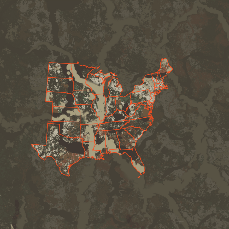 Map of contiguous US states with orange outlines, showing patchy light tan and dark brown areas.