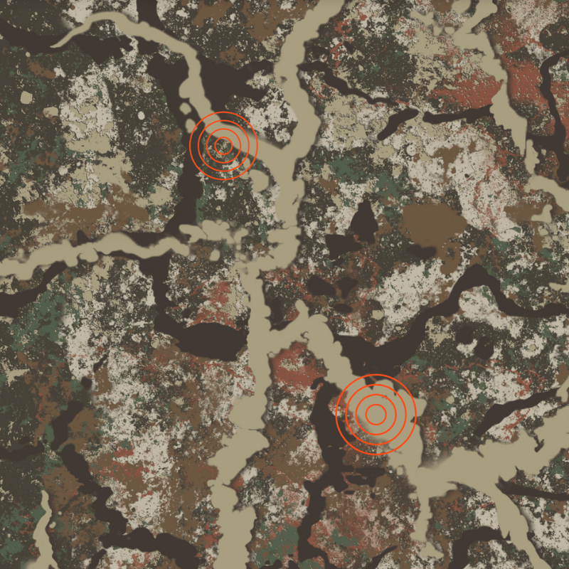 Camouflage map with winding beige rivers and two orange targets.