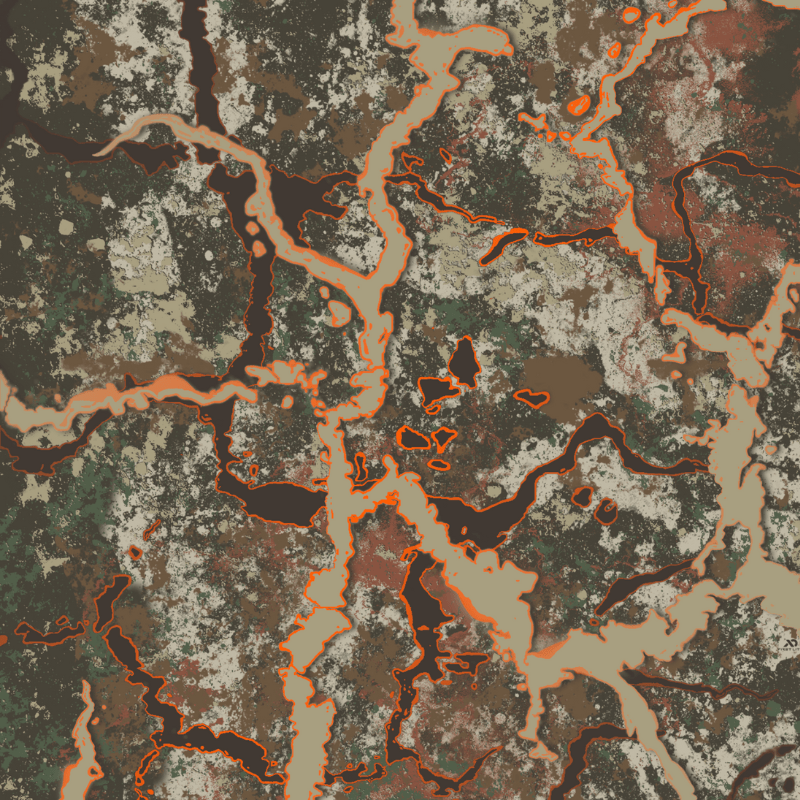 Multi-color camouflage pattern in browns, greens, and tan with orange-outlined organic forms.