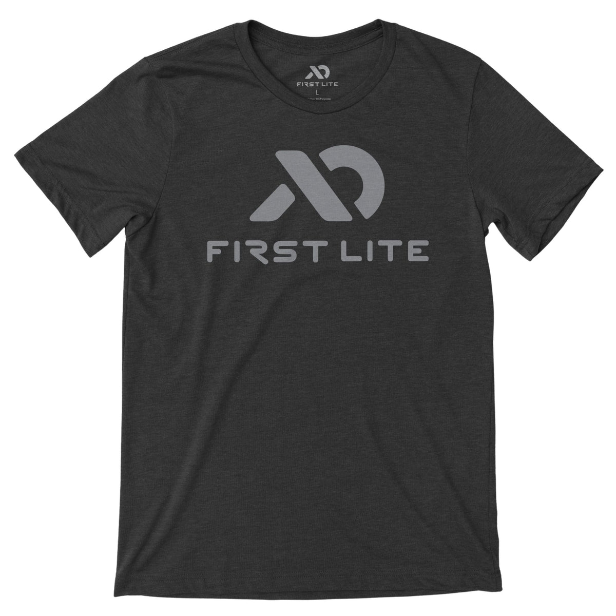 Dark heather grey t-shirt with alight grey  First Lite logo and text on the front.