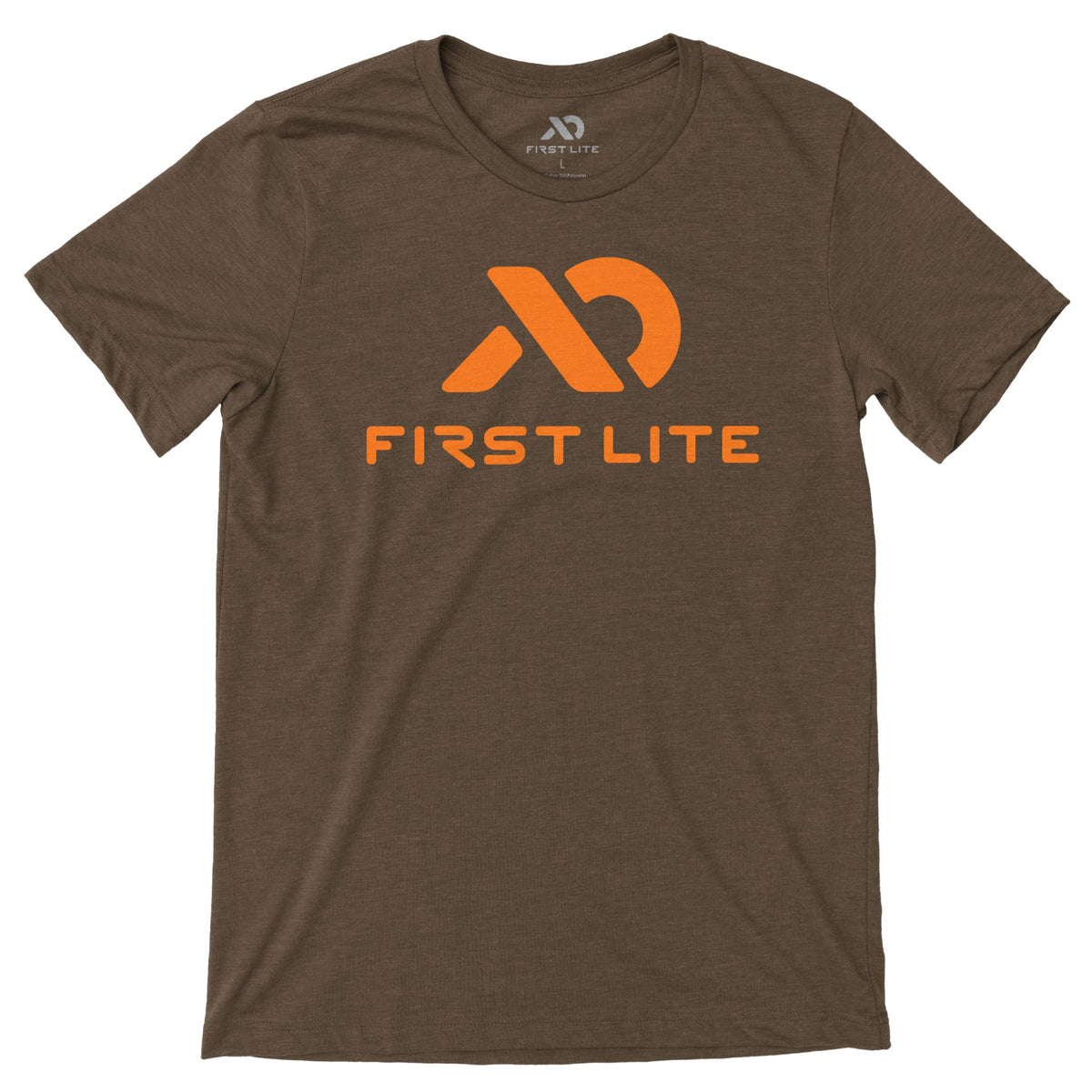 Heather brown t-shirt with an orange First Lite logo and text on the front.