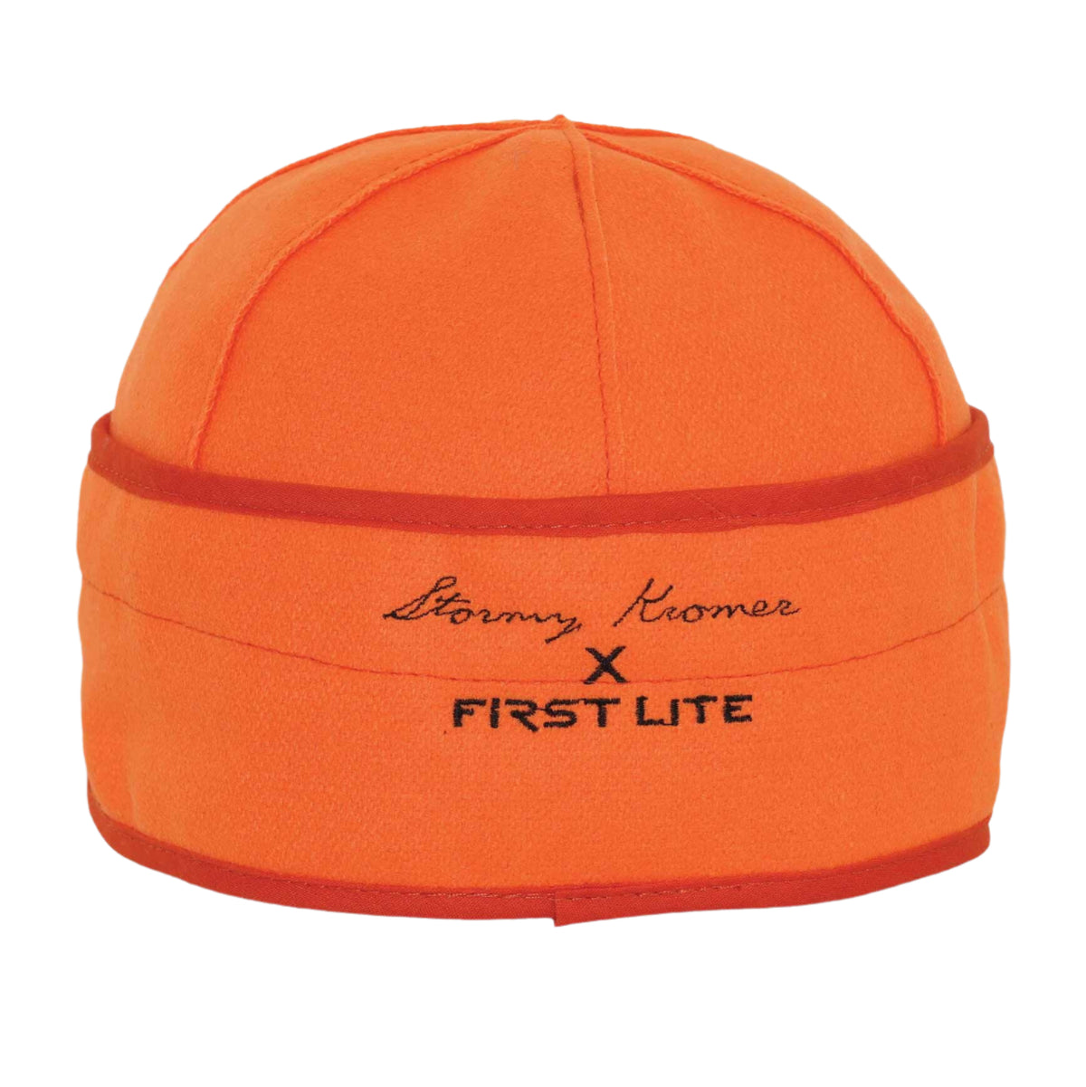 Blaze orange cap with black "Stormy Kromer X FIRST LITE" embroidery and a red lower band.