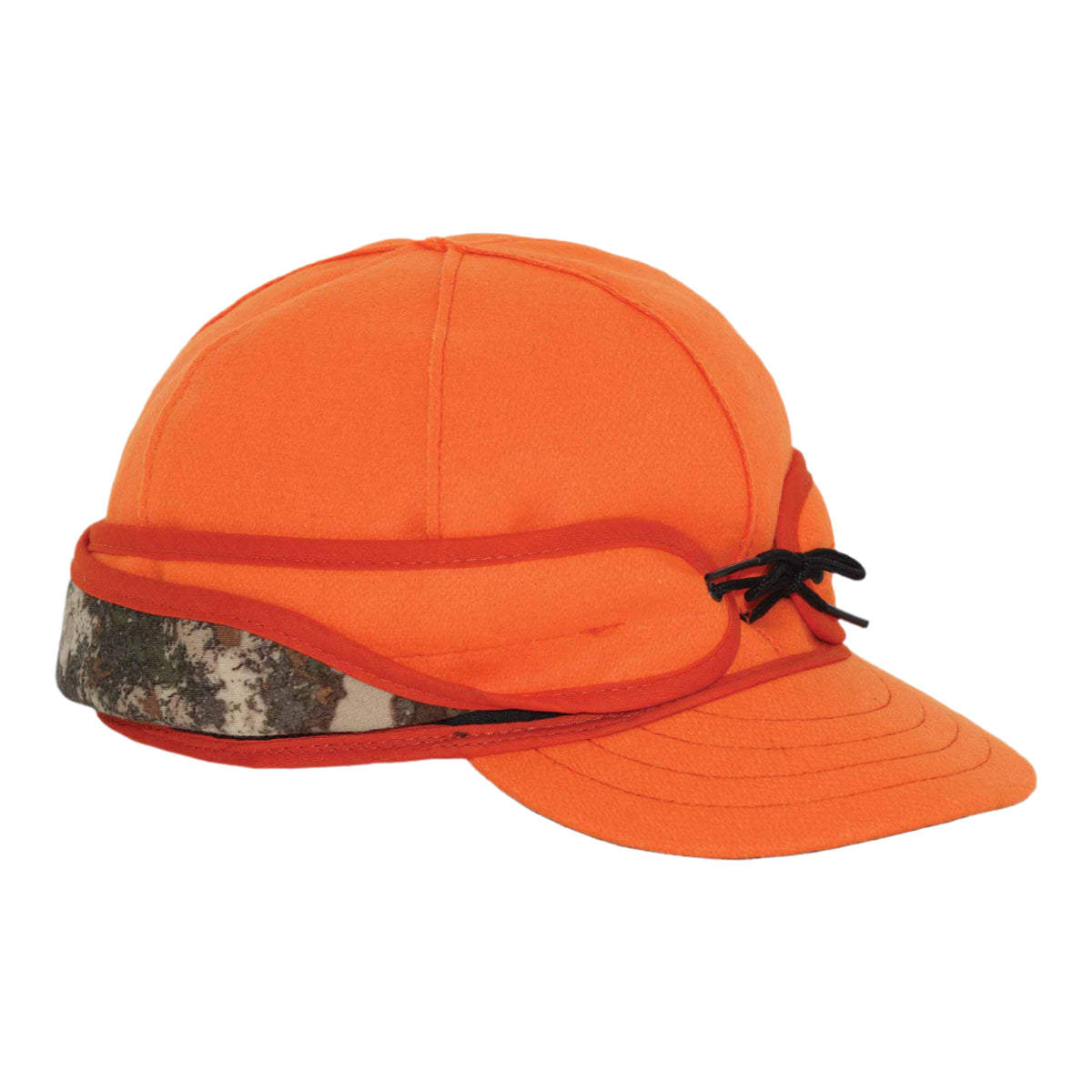 Orange cap with camouflage ear flaps secured by black ties.