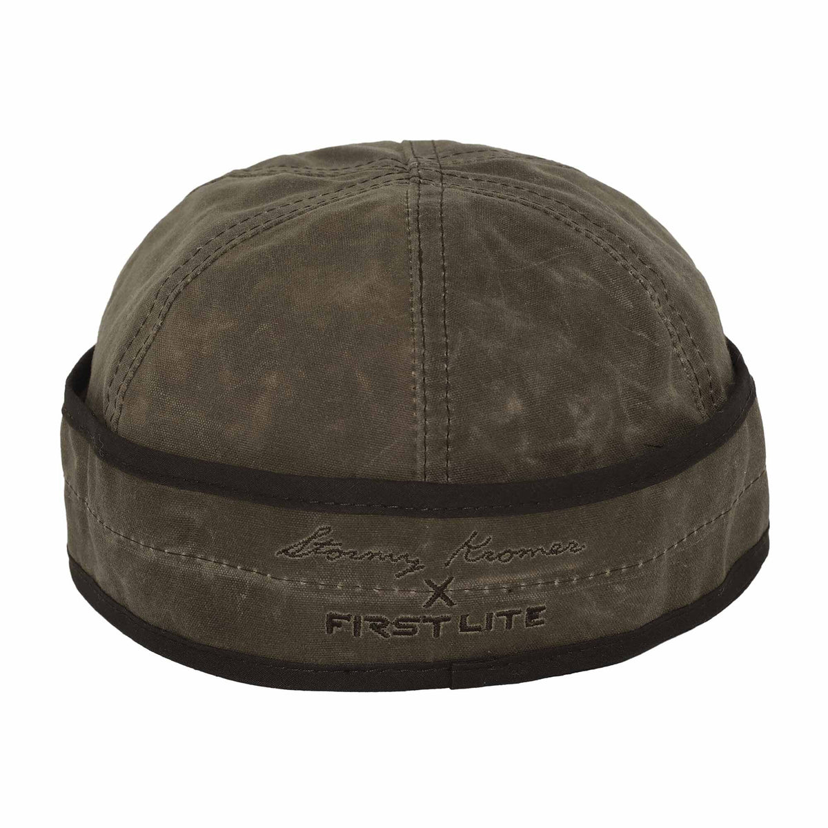 Dark olive green brimless cap with a dark brown band and embroidered "Stormy Kromer X FIRSTLITE" text.
