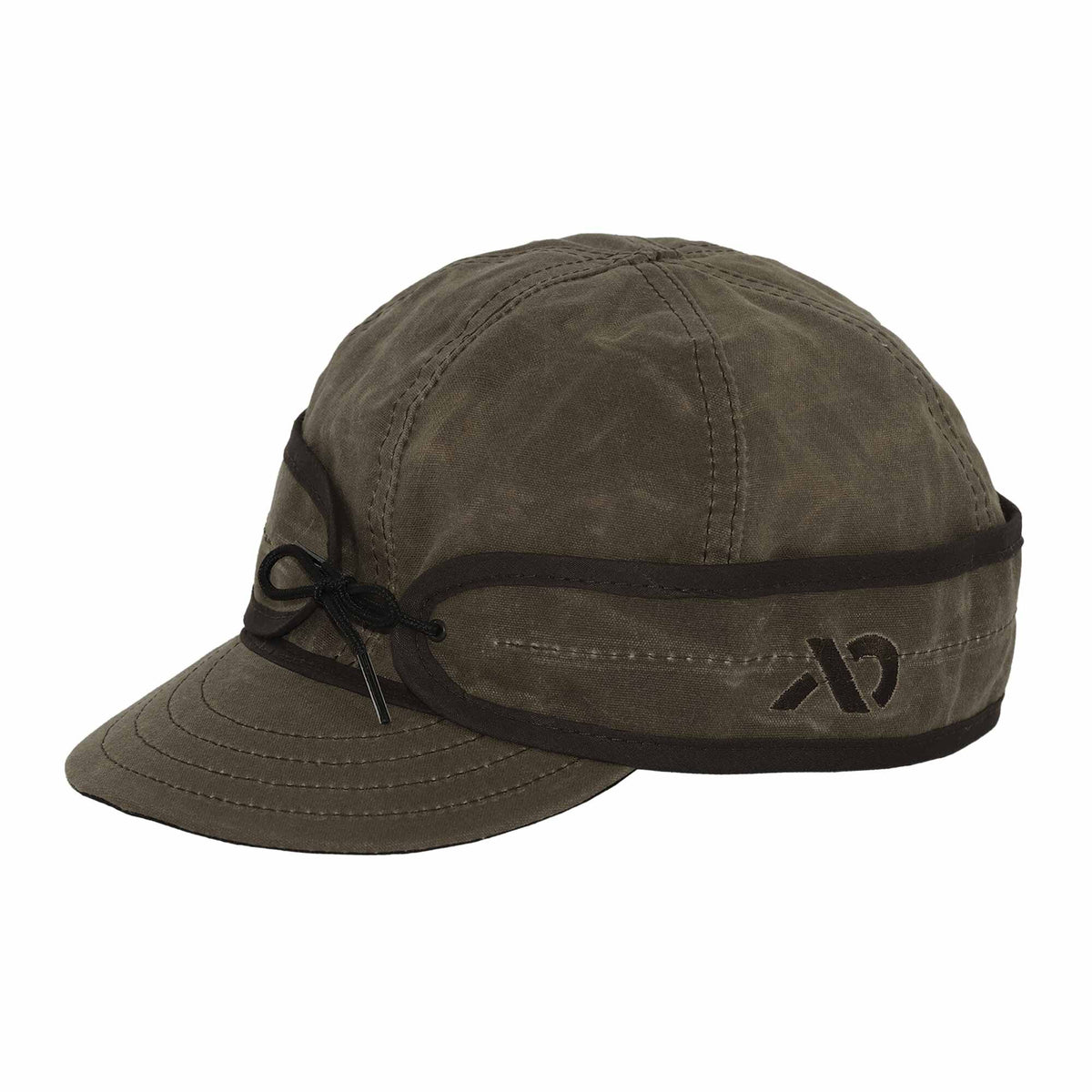 Olive green earflap cap with dark brown trim, black ties at the front, and an embroidered logo on the right side.