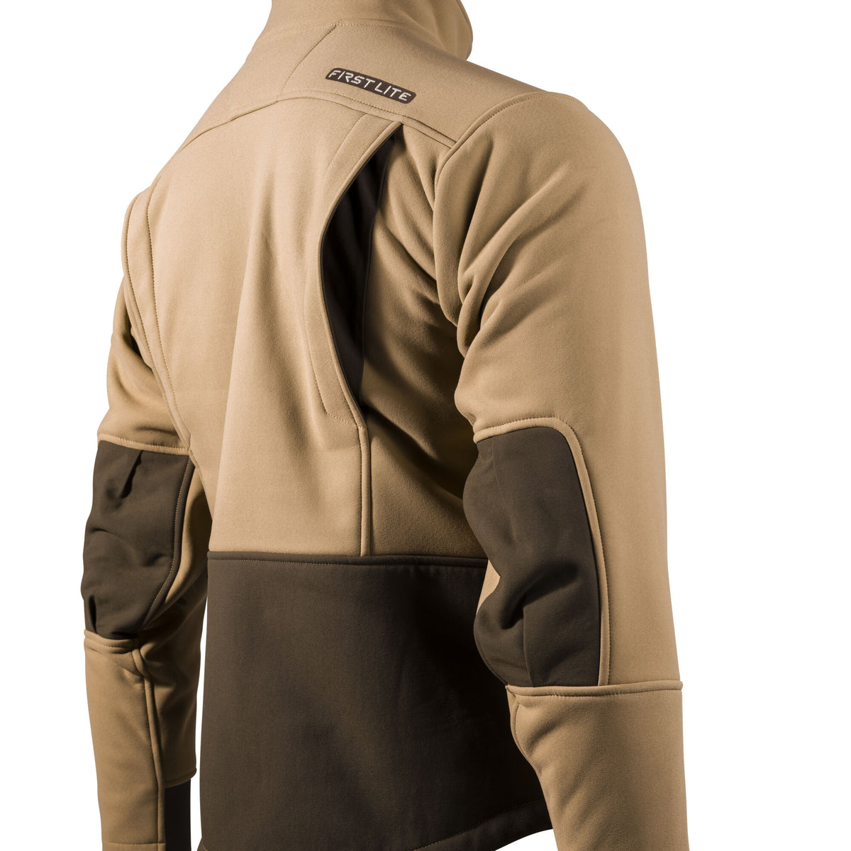 Coyote First Lite jacket with dark brown elbow and lower back panels, and a vertical dark-lined seam on the upper back.