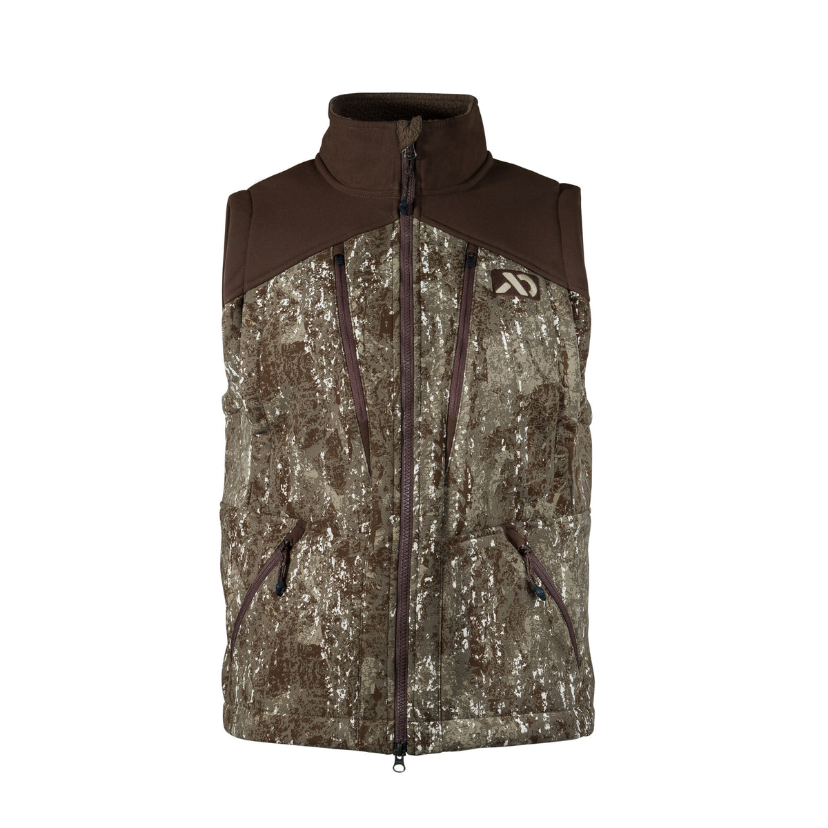 Two-tone brown and camouflage vest with a high collar, full zipper, four zippered pockets, and a chest logo.
