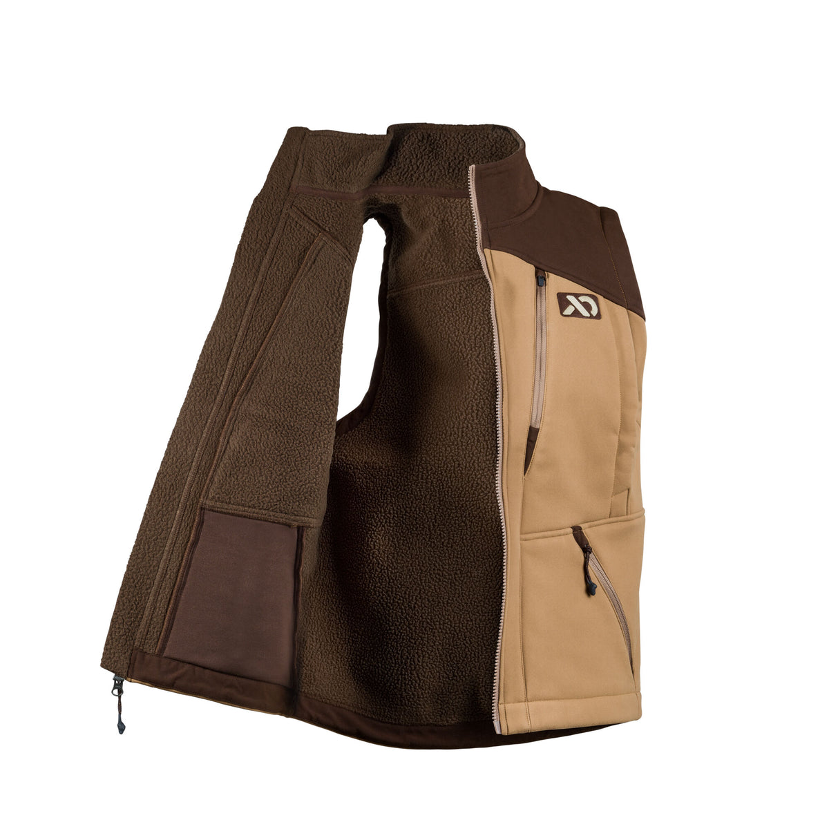 Tan and dark brown full-zip vest with a standing collar, chest logo, zippered pockets, and fleece lining.