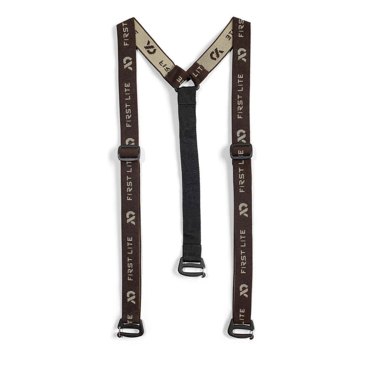 Brown First Lite Y-back suspenders with repeated logos, adjustable buckles, and black clips.