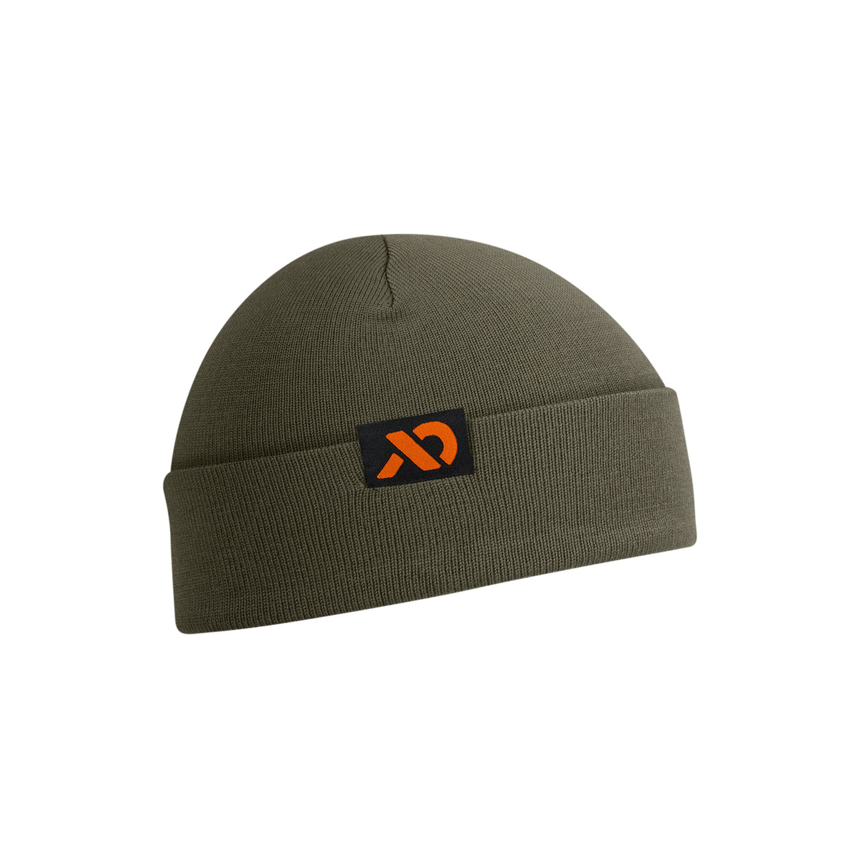 Olive green beanie with a black patch featuring an orange logo.