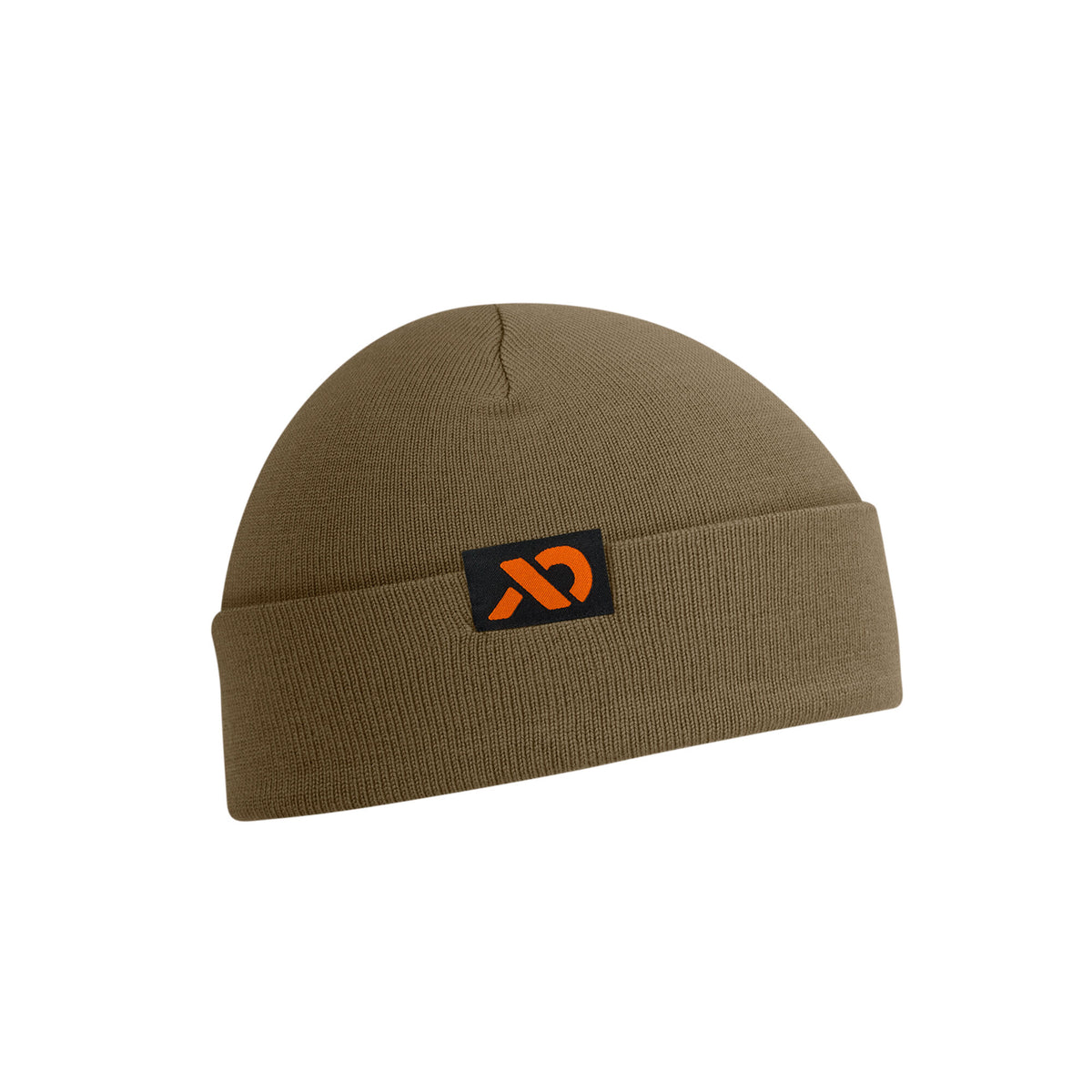 Khaki beanie with a black rectangular patch featuring an orange stylized logo on the front fold.