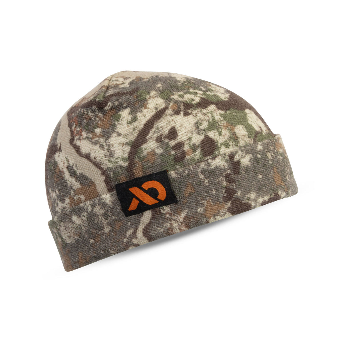 Camouflage knit beanie with an orange logo on a black patch.