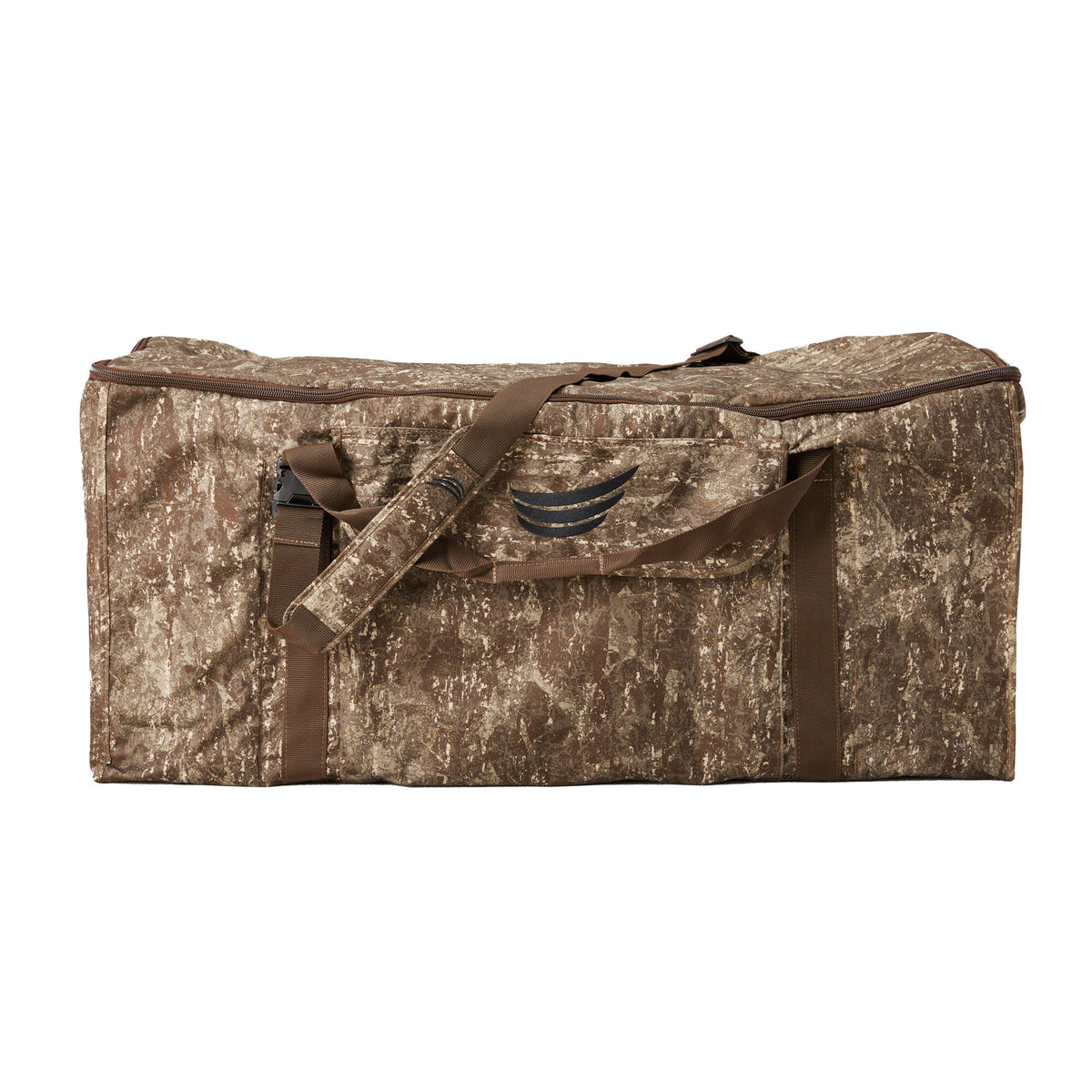 Brown camouflage duffel bag with a black three-stripe logo and brown web straps.