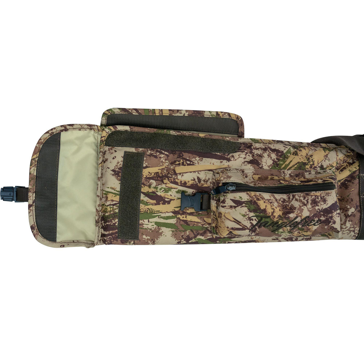 Camouflage patterned soft rifle case, partially open, revealing a light tan interior, with an external zippered pocket, black buckles, and velcro closures.