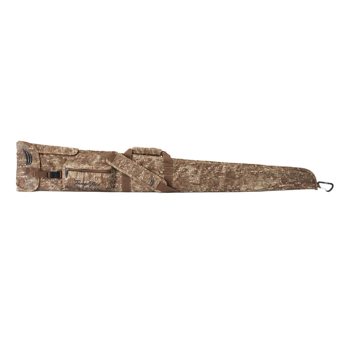 Brown camouflage rifle case with a shoulder strap, carry handle, zippered pocket, and a black carabiner clip.