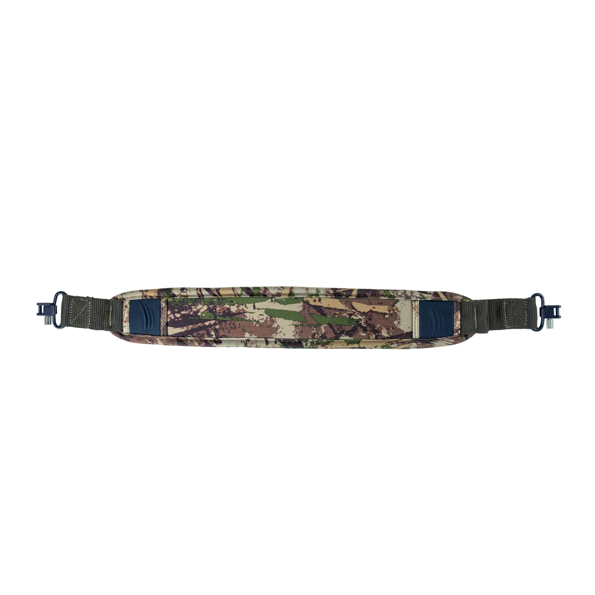 Padded woodland camouflage rifle sling with dark green webbing and black quick-detach swivels.