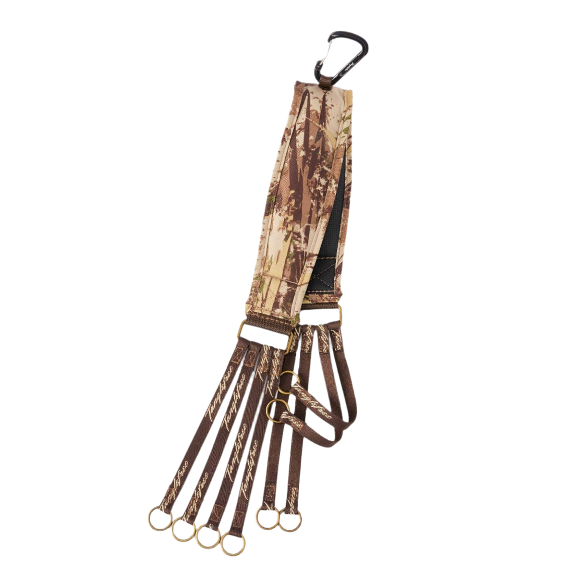 Camouflage lanyard with a black carabiner, six brown straps marked "Tanglefree" each ending with a brass ring.