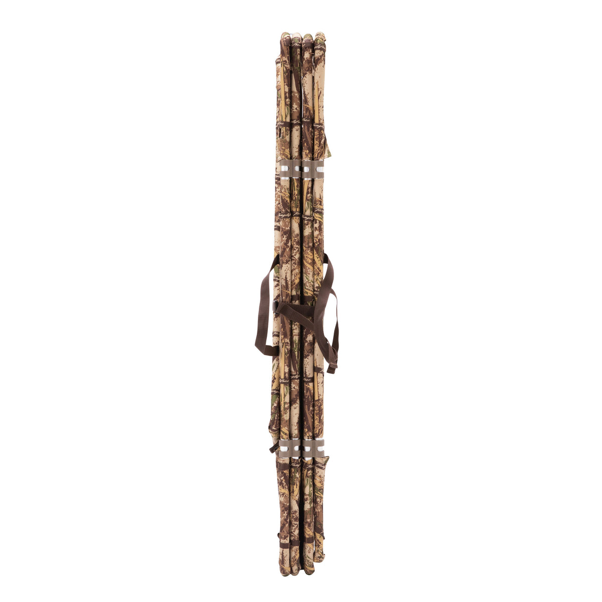 Folded camouflage hunting blind secured by brown straps and tan clips.
