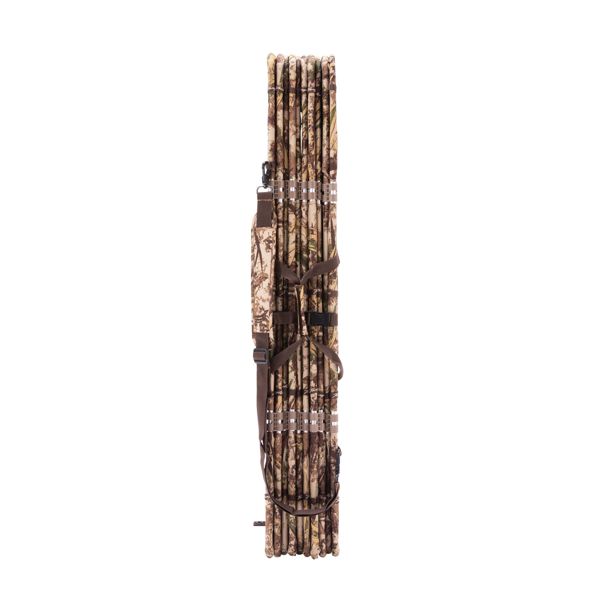 Folded camouflage hunting blind cover with brown securing straps and a shoulder strap with a carabiner.
