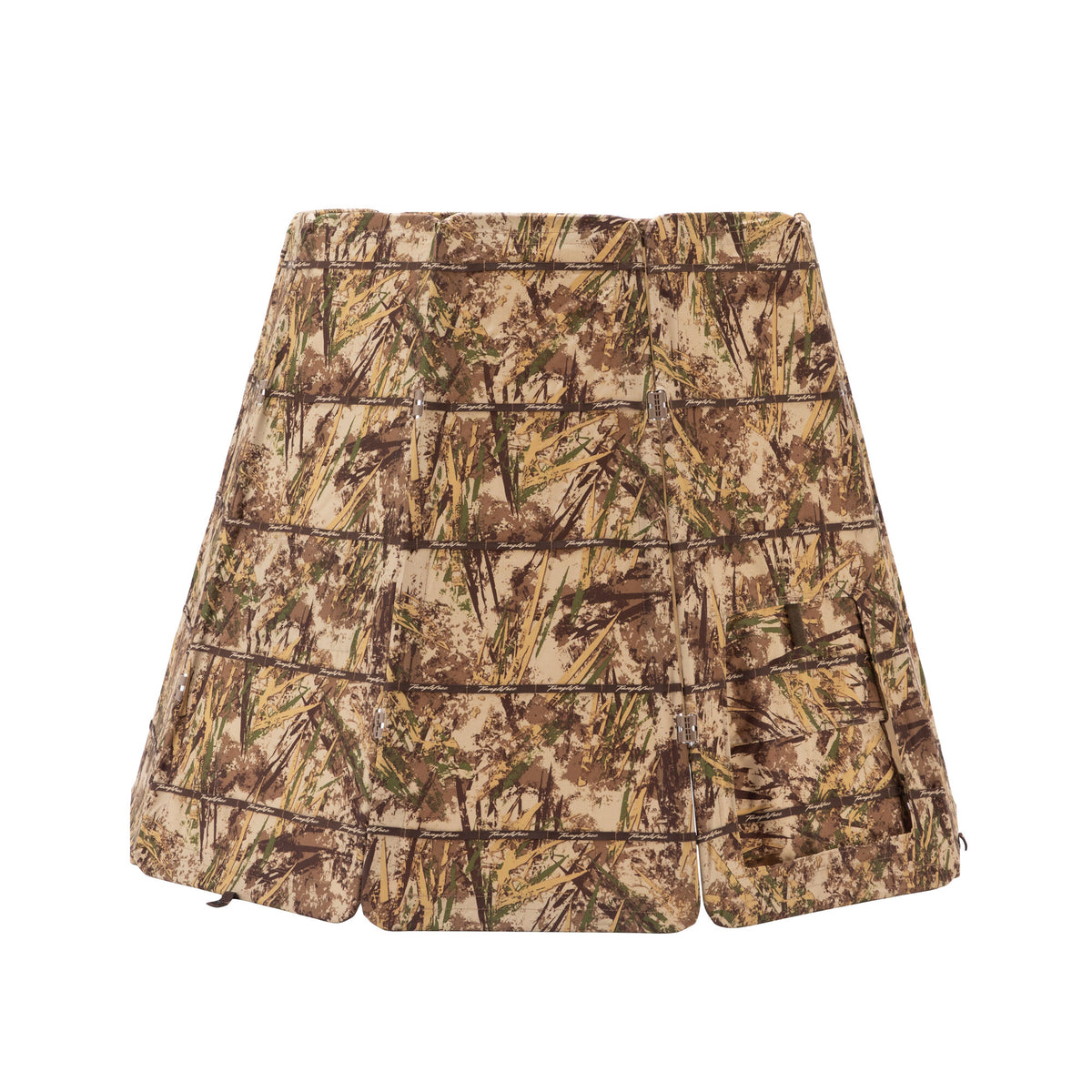 Tanglefree multi-paneled hunting blind cover in a brown, tan, and green reeds camouflage pattern with visible hinges.