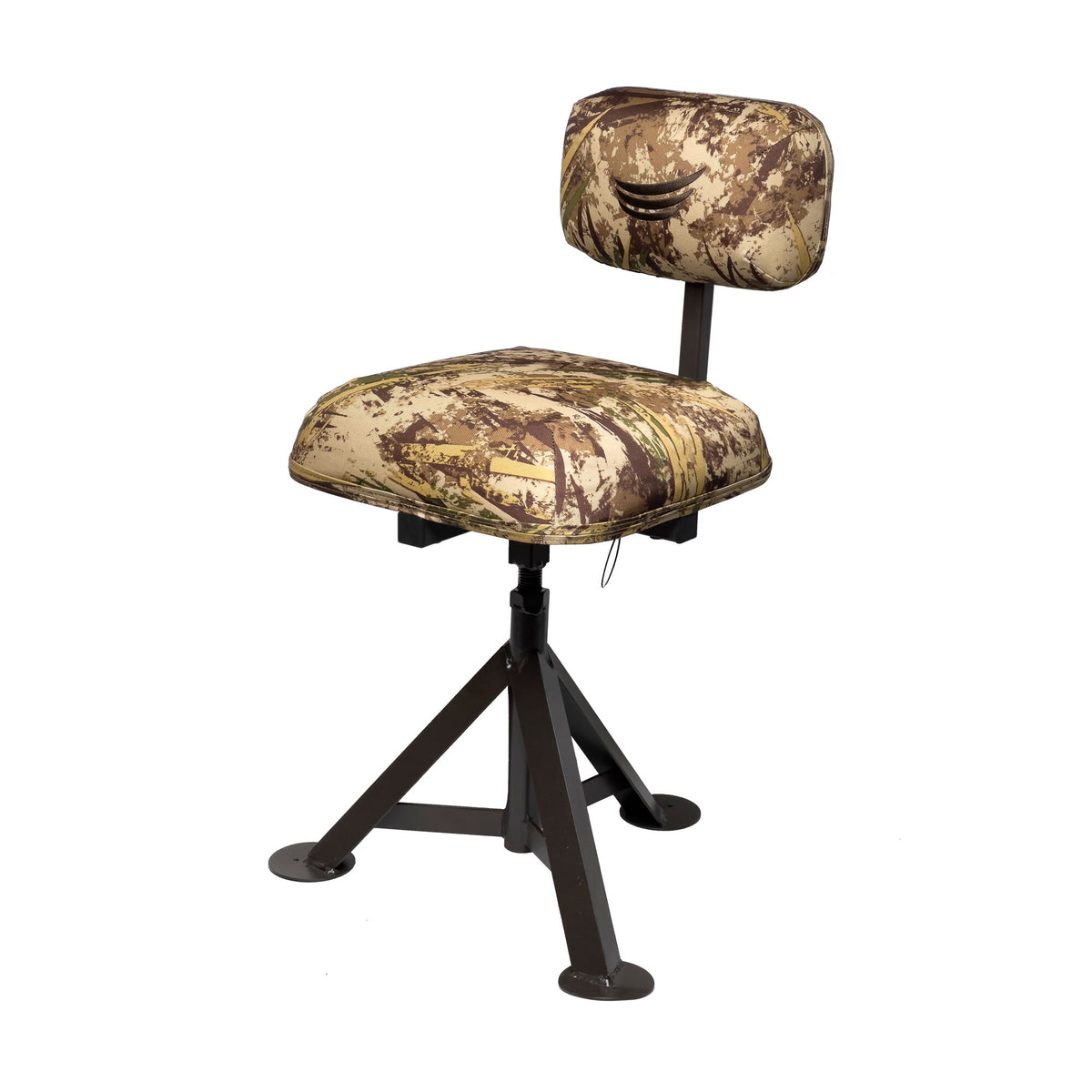Adjustable height hunting chair with camouflage fabric, swivel seat, dark tripod base, and a three-line logo on the backrest.