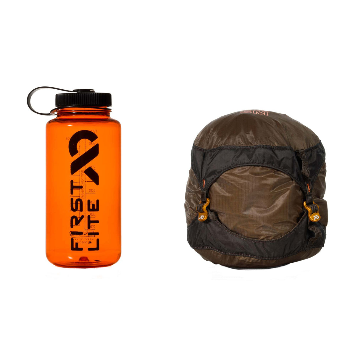 An orange First Lite water bottle with a black lid stands next to a brown compressible SIM bag with dark straps and orange buckles.